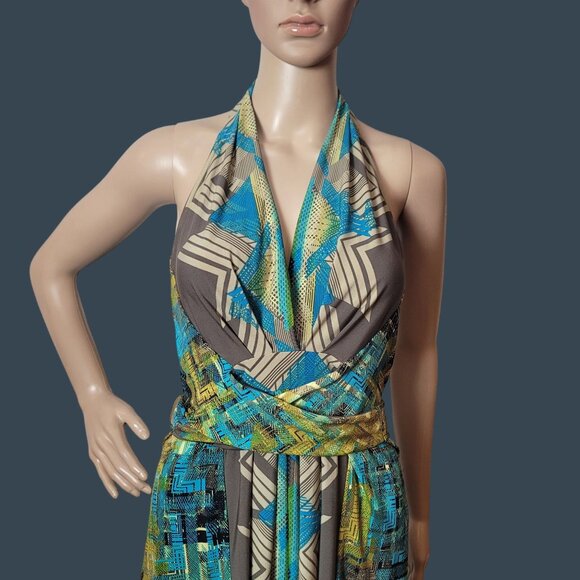 BCBGMAXAZRIA Teal Multicolor Abstract Patterned Halter Dress Size Sm V-neck Wrap - Picture 4 of 12